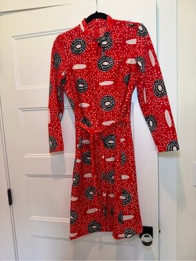 Vintage Red Midi Dress with Black & White Graphic Print